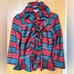 Boston Proper Plaid Ruffle Button Blouse Peplum Top Red Blue Size 6